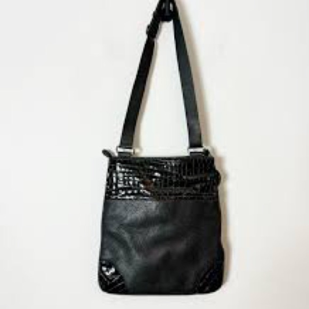 Brighton Peyton Black Leather Croc Patent Trim Crossbody Bag